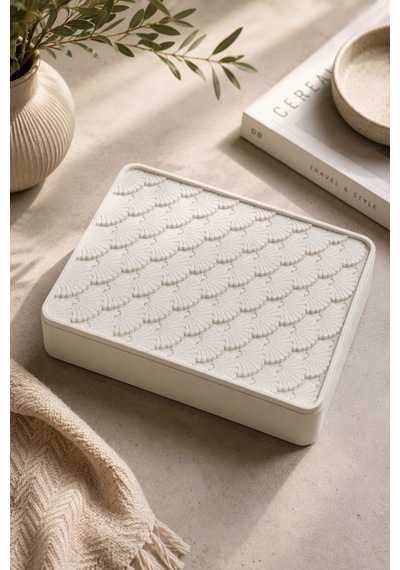 Desenli Kapaklı Dekoratif Kutu Masa Üstü Organizer Takı Aksesuar Saklama Kutusu Pla 20x12.5 Cm Beyaz