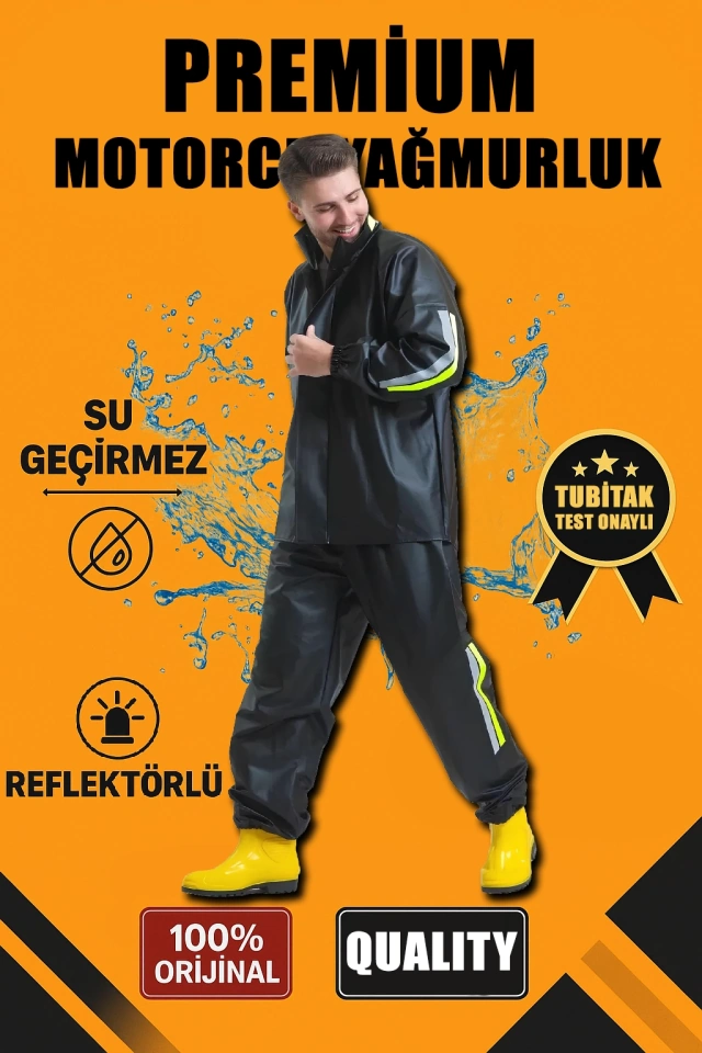 Premium Motorcu Kurye Yağmurluk Takım Su Geçirmez Pvc Kumaş Reflektörlü Tübitak Onaylı - Siyah Siyah
