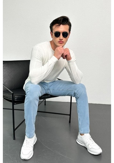 Erkek Ekru Regular Fit Bisiklet Yaka %100 Akrilik Triko Kazak Hlthe012121