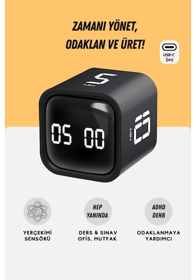 GWORKE  Gt-1 Pomodoro Zamanlayıcı Küp Flip Timer Öğrenci Ders Çalışma Saati, Mutfak Kronometresi - Siyah