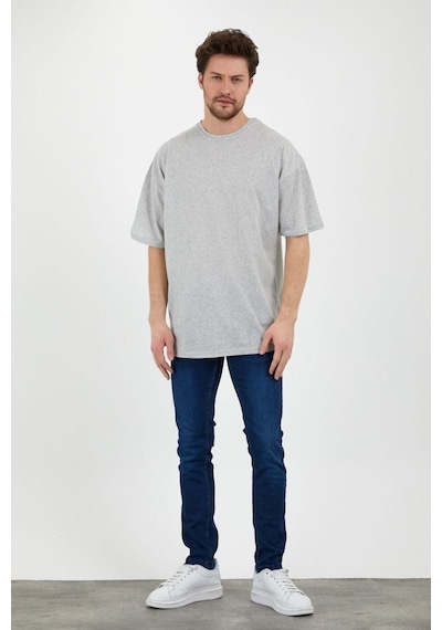 Düz Basic T-shirt - Gri Oversize Bisiklet Yaka Kısa Kol Tişört Gri