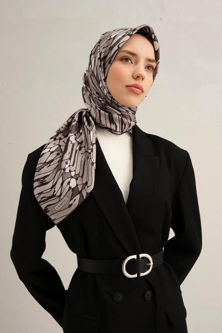 Armine Soyut Desenli Saf İpek Twill Eşarp 9335d 87 Füme