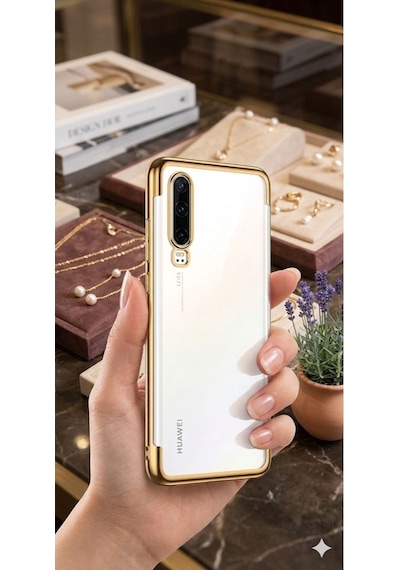 Huawei P30 Kılıf Dört Köşeli Lazer Silikon Kılıf Gold