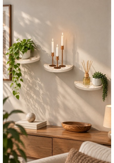 Sulorahome 3'lü Oval Duvar Rafı Mermer Desenli Beyaz Beyaz Mermer