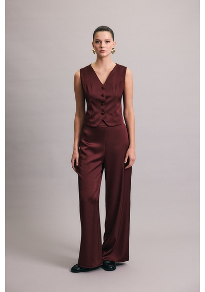 Sateen Klasik Düz Yelek - Bordo-137030 Bordo