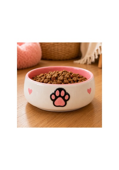 Tekli Seramik Pati Desenli 600 Ml Pembe-mama Kabı Kedi Köpek Mama Su Kabı