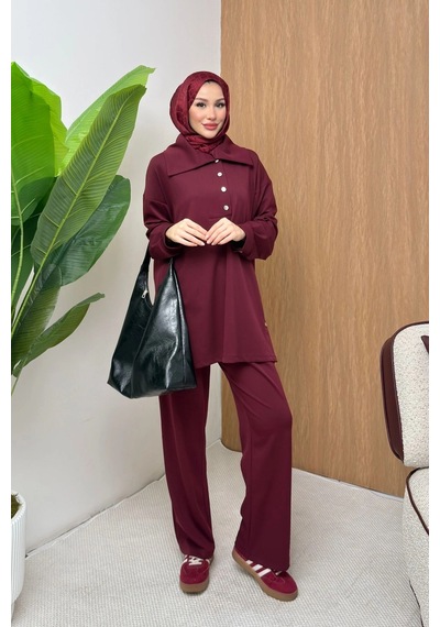 Mihran Butik Soho Elegance Yaka Detaylı Kadın Tesettür Alt Üst Takım Bordo