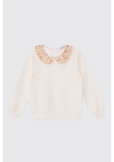 Panço Kız Çocuk Yakalı Yumuşak Dokulu Ekru Sweatshirt Krem 2621GK08014