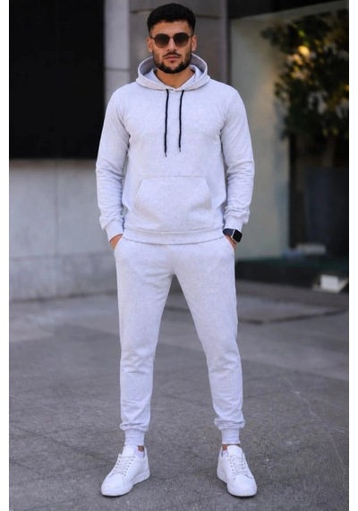 Freedom Storee Erkek İki İplik Kapüşonlu Kanguru Cepli Sweatshirt Jogger Pantolon Alt Üst Eşofman Takımı -beyaz Çok Renkli