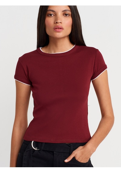 Dilvin 31750 Kontrast Kısa Kollu Tshirt-açık Bordo Açık Bordo