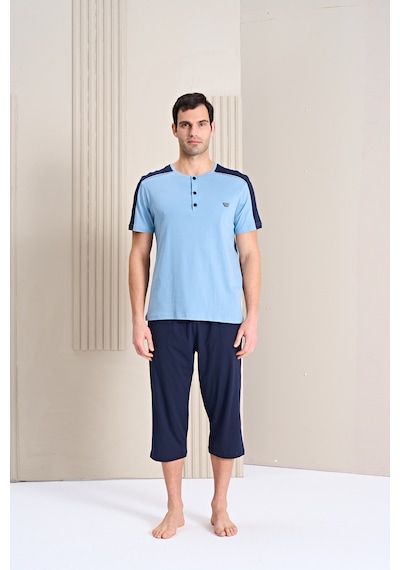 Over Sleep By Poleren Erkek Pijama Takımı Kapri & Bermuda Kısa Kol Açık Mavi