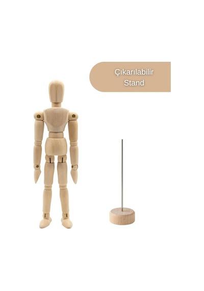 Ahşap Çizim Mankeni, Mafsallı İnsan Figürü Modeli, Tabanlı Eskiz Yardımcısı, 14 Cm
