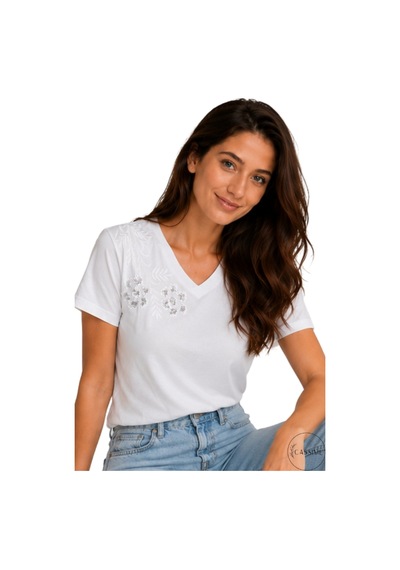 Cassime Kadın Beyaz %100 Pamuk Regular/normal Kalıp Omzu Çiçek Nakışlı Örme T-shirt