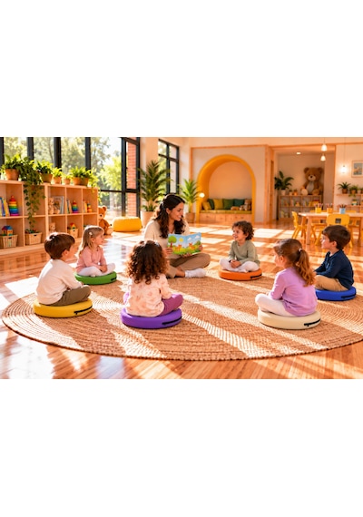 Kreş Anaokulu Yuvarlak Oyun Minderi Aktivite Minderi 40x40x5 Cm - Sandalye Minderi - Bahçe Dekor Minderi Yuvarlak Minder Mavi - Beyaz