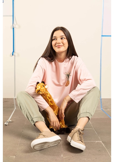 Ters Dikiş Detaylı Ananas Desenli Bisiklet Yaka Sweatshirt Pembe