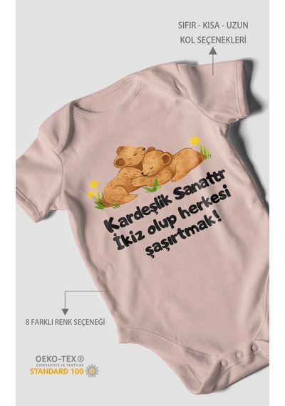 Morivokids Kardeşlik Sanattır, İkiz Yazılı Kısa Kollu Bebek Body %100 Pamuk Pastel Pembe