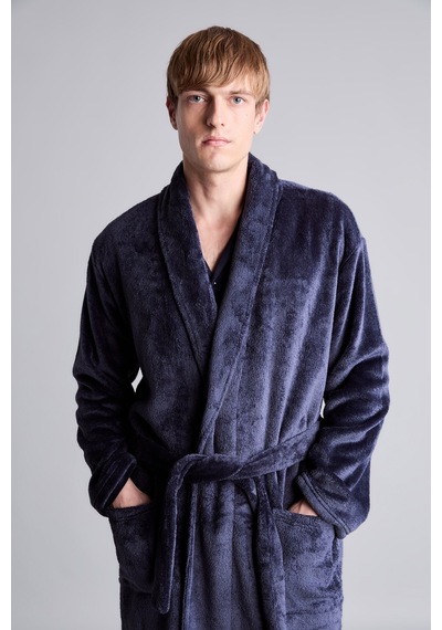 Defacto Regular Fit Peluş Dokulu Şal Yaka Kuşaklı Bornoz I2361ax26aunv135 Lacivert-nv135