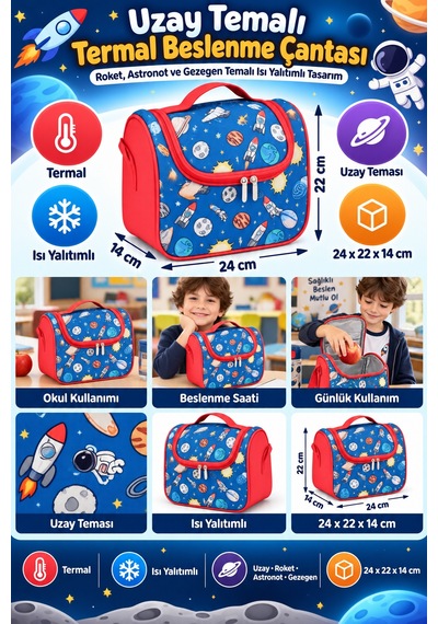 Uzay Roket Astronot Gezegen Termal Beslenme Çantası Isı Yalıtımlı Çocuk Okul 24x22x14 Cm Çok Renkli