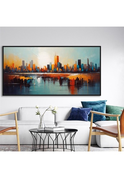 Yağlı Boya Dokulu Tablo Soyut Şehir Manzarası New York Siyah Çerçeveli U09002-179113