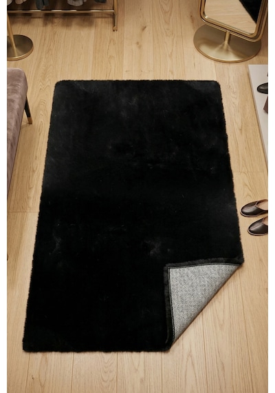 Yüksek Kalite Ekstra Yumuşak Kaymaz Özel Tabanlı Tavşan Peluş Halı Siyah