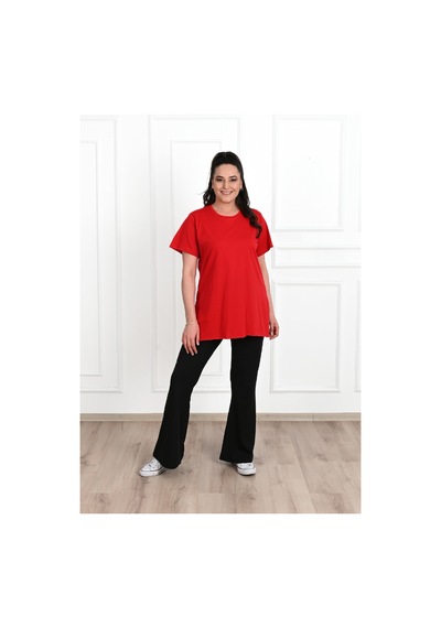 Kadın Bisiklet Yaka Yırtmaç Detaylı Büyük Beden Tshirt 9633-22 001
