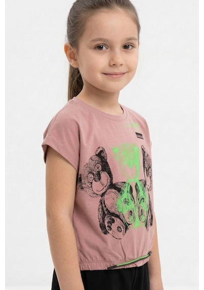 New Kids Ayıcık Baskılı Büzgü Detaylı Kısa Kol Kız Çocuk Tişört-91126 Pembe