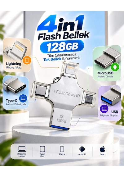 Lb 4in1 128gb Usb Flash Bellek Lightning Type-c Usb-a Microusb Girişli Çok Amaçlı Bellek