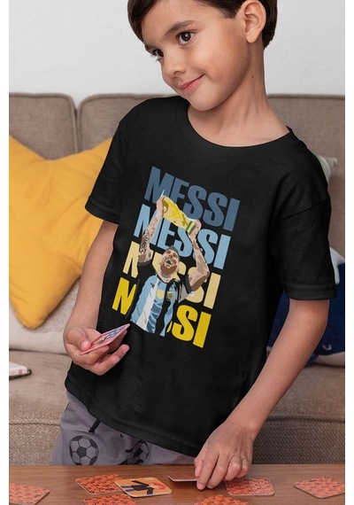 Sevbano Unisex Messi Baskılı Efsane Futbolcu Çocuk Tişört 1-12 Yaş Siyah