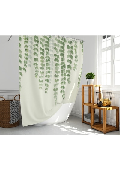 Banyo Duş Perdesi Sarmaşık Desen Yeşil Dijital Baskılı Banyo Perdesi, Tek Kanat C Halka-180x200 Cm Çok Renkli