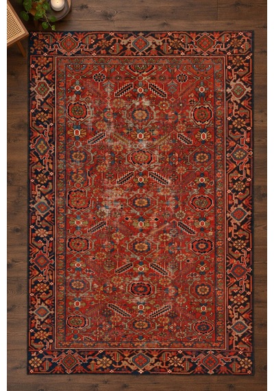Artloop İstanbul Kırmızı Etnik Vintage Desenli Dokuma Tabanlı Şönil Halı Al 633 Kırmızı - Etnik