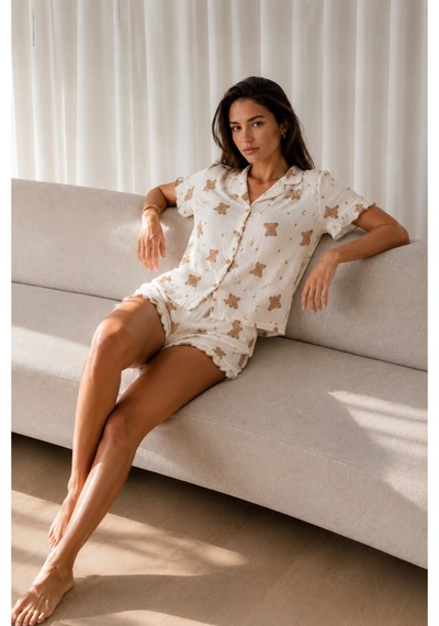 Kadın Düz Pamuk Homewear Kar Beyaz Pijama Takımı