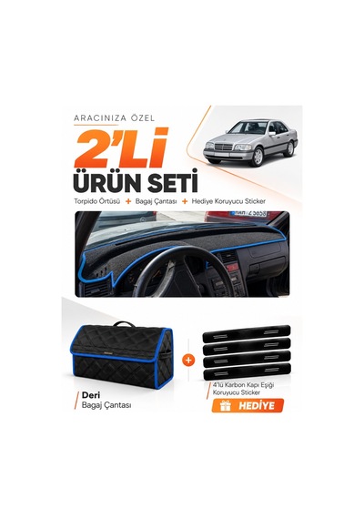 Mercedes W202 C-class 1993-2000 Uyumlu Torpido Örtüsü + Deri Bagaj Çantası + Sticker - Siyah Mavi