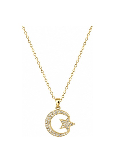 Ay Yıldız Zirkon Taşlı Gold Çelik Kolye Altın