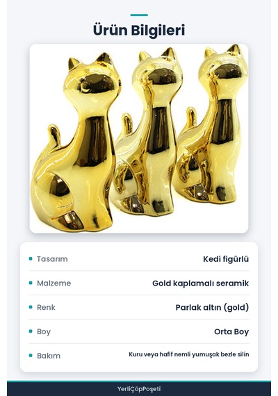 Kedi Tasarımlı Seramik Biblo - Orta Boy - Parlak Altın Standart