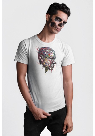 İnsan Kafası Sulu Boya Unisex Unisex Beyaz Organik Baskılı T-shirt Penye Yüksek Kalite Beyaz
