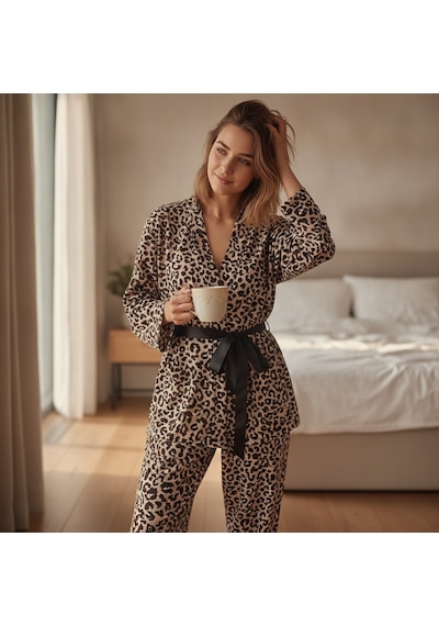 Bonbon Kadın Giyim Uzun Kollu Leopar Desen Sabahlık Takımı Bb2665 Çok Renkli