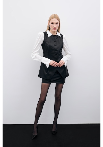 Sateen Uzun Deri Yelek - Siyah-135504 Siyah