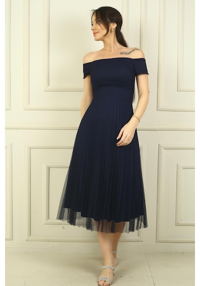 By Saygı Madonna Yaka Astarlı Eteği Şifon Pilisoley Elbise-40138 Lacivert
