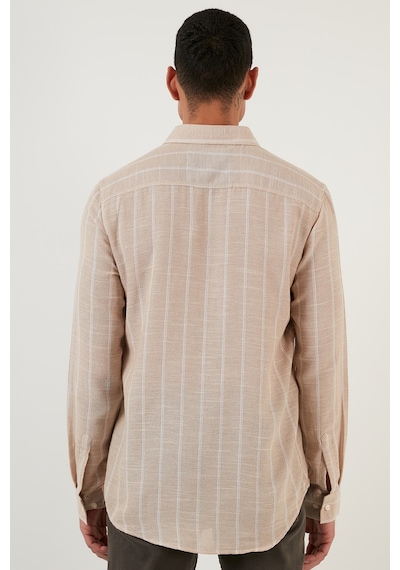 Buratti Pamuklu Çizgili Regular Fit Düğmeli Yaka Erkek Gömlek Cf21S112480 Taş-Beyaz