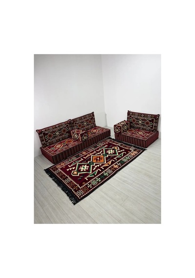 20 Cm Kalınlıklı Şark Köşesi Takımı - 70x190 + 70x95 Anadolu Bordo Desenli Minder Seti