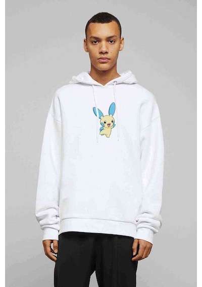 Pokemon Karakter Çizimi Minun Baskılı Beyaz Erkek Örme Sweatshirt