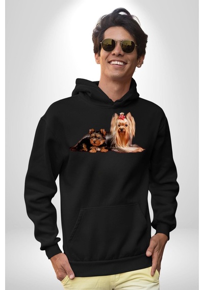 Yorkshire Teacup Ve Anne Köpek Kadın Erkek Siyah Kapüşonlu Sweatshirt Hoodie Siyah
