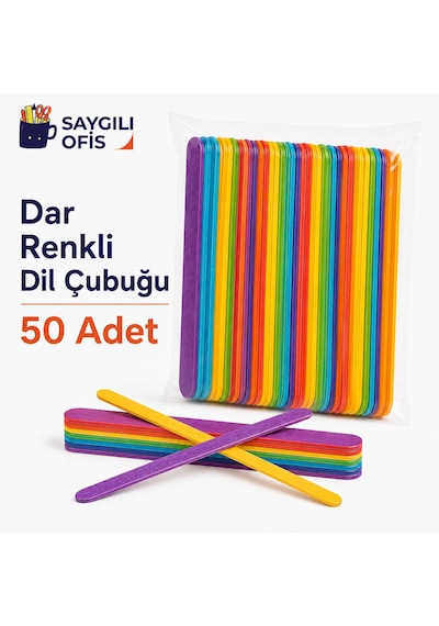 Saygılıofis Renkli 50 Adet Dil Çubuğu Ahşap Dar Küçük Abeslang Dondurma Dil Basma Çubuğu 50'li