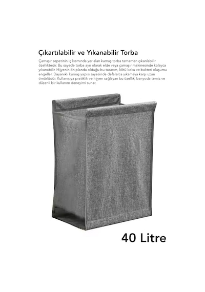 Katlanır Bambu Çamaşır Sepeti - Yıkanabilir İç Hazneli Natural Kirli Çamaşır Sepeti 40 Lt Gri Gri
