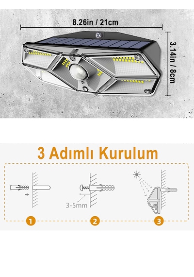Greentech Güneş Enerjili Hareket Sensörlü, 6 Taraflı 104 Led Aydınlatma / GT-SL13-2 Adet