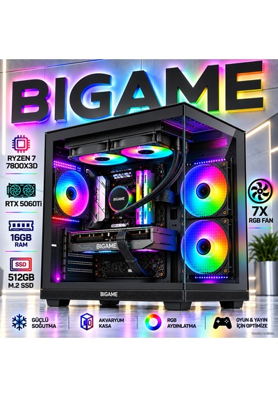 Bigame SAKURA-V5 R7-7800X3D 16 GB 512 GB M2 SSD RTX5060Ti Free Dos Masaüstü Oyuncu Bilgisayarı