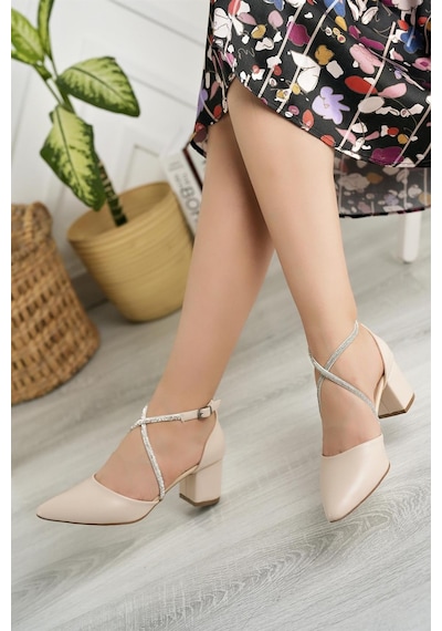 Nesil Shoes Elva 054 Ten Taşlı Topuklu Kadın Ayakkabı-ten Ten Rengi