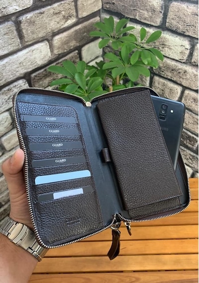 Guard Çift Fermuarlı Kahverengi Hakiki Deri El Çantası Erkek / Kadın P3031 Kahverengi