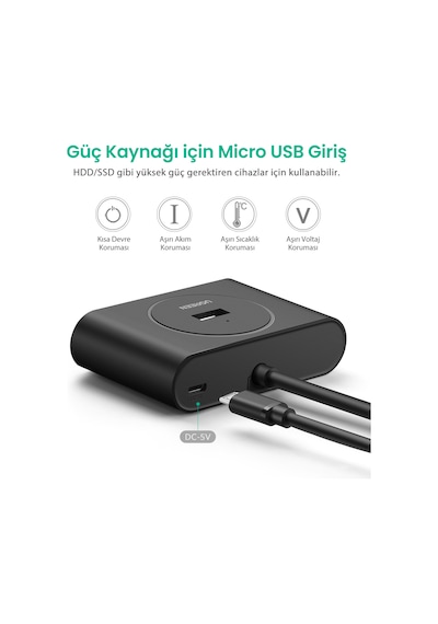 Ugreen Usb A/usb C To 4 Port Usb 3.0 Hub Çoklayıcı Siyah 1 Metre, 40850
