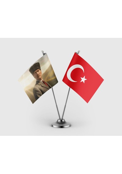 Kalpaklı Kemal Atatürk Ve Türk Bayrağı İkili Saten Masa Bayrağı Takımı Diğer